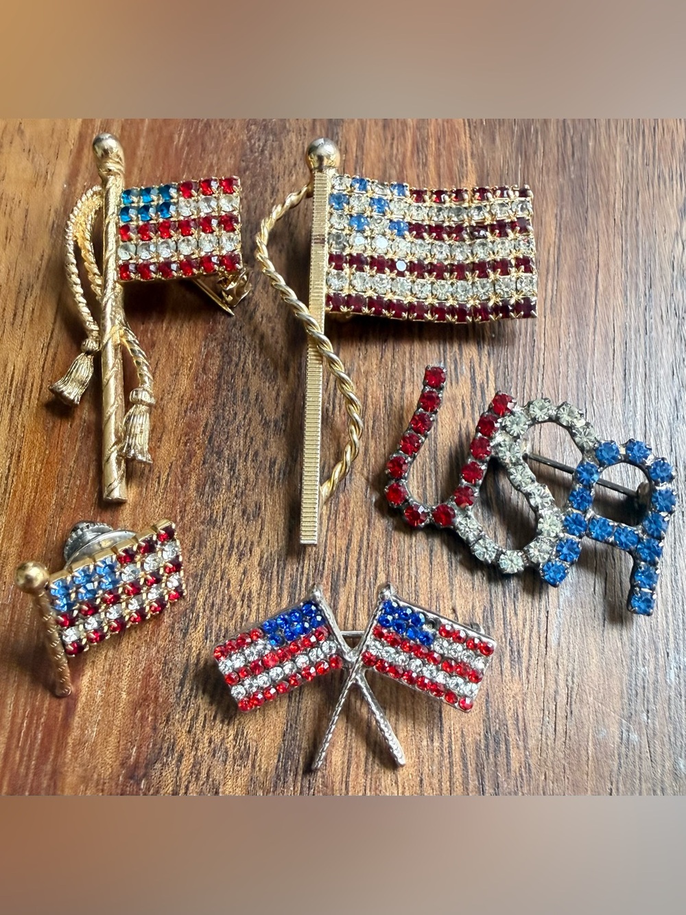 5 VTG Patriotic Brooch Jewelry Lot Red, White, Blue Rhinestone Flag Pins USA